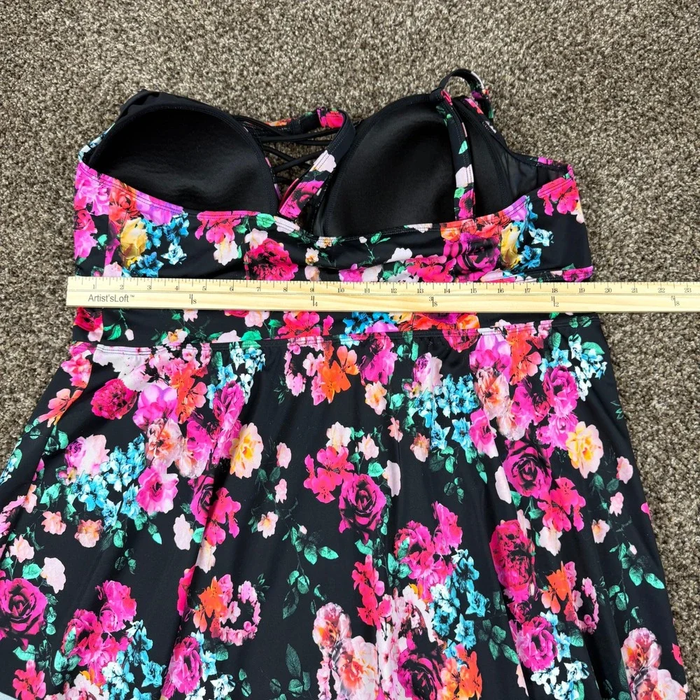 Torrid Floral Lattice V-Neck Tankini Swim Top Black Pink Plus Size 3 3X